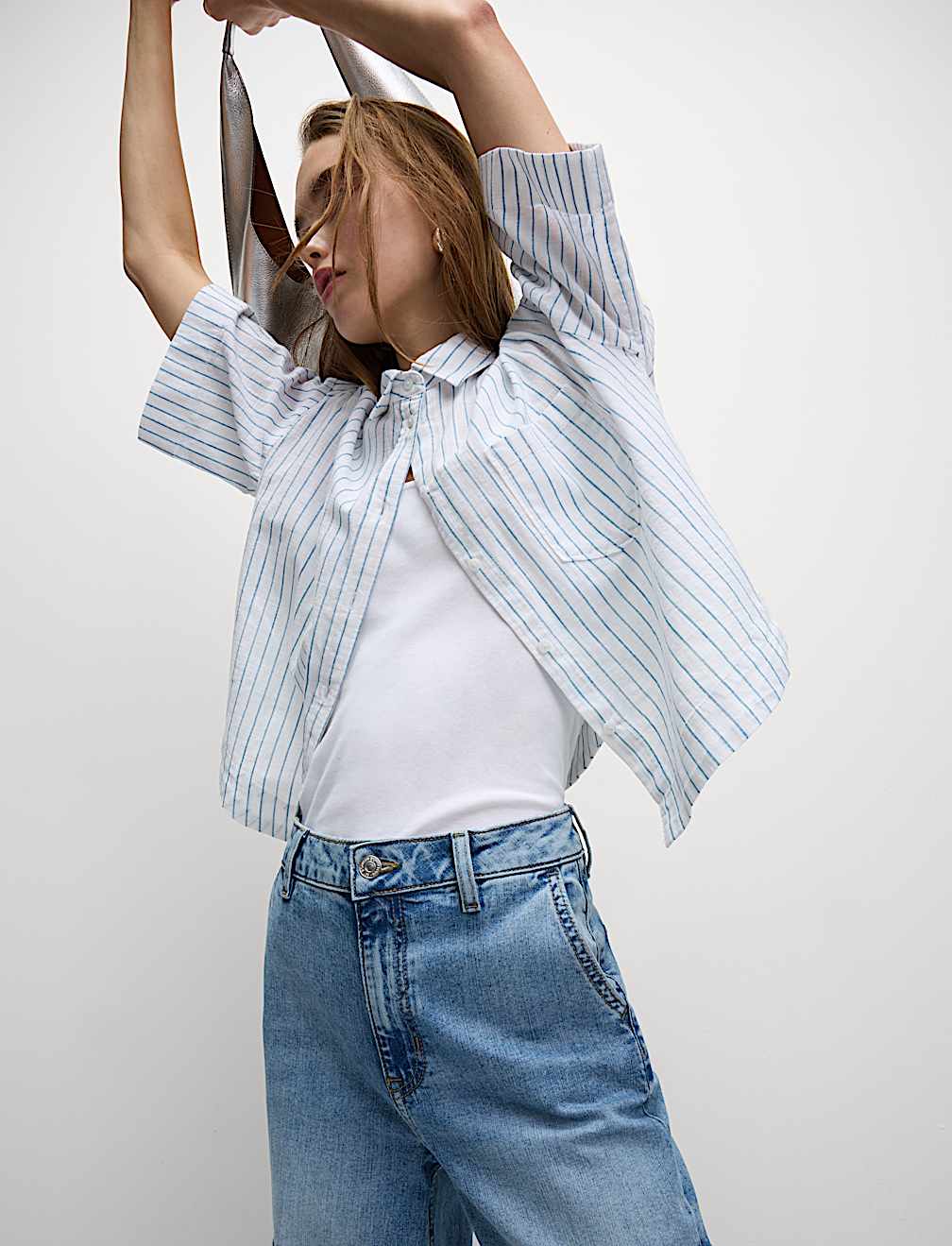 Pure Cotton Cropped Striped Shirt
