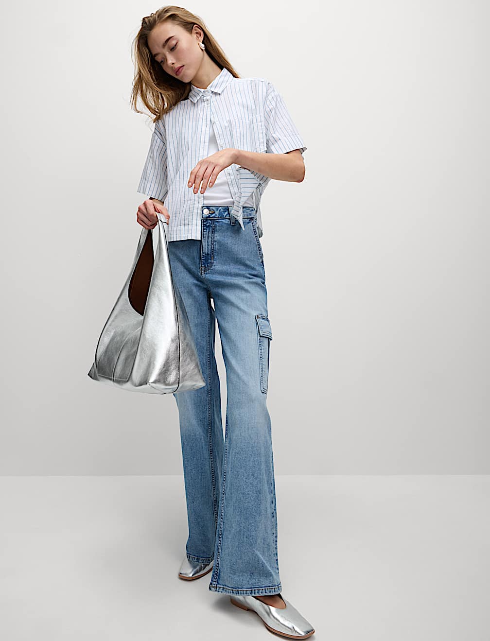 Pure Cotton Cropped Striped Shirt