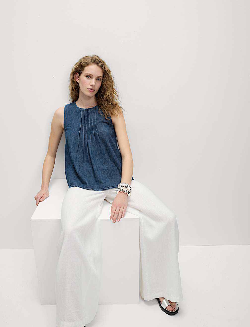 Pure Cotton Denim Pintuck Cami