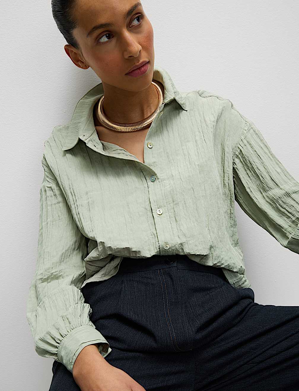 Crinkle Textured Collared Shirt