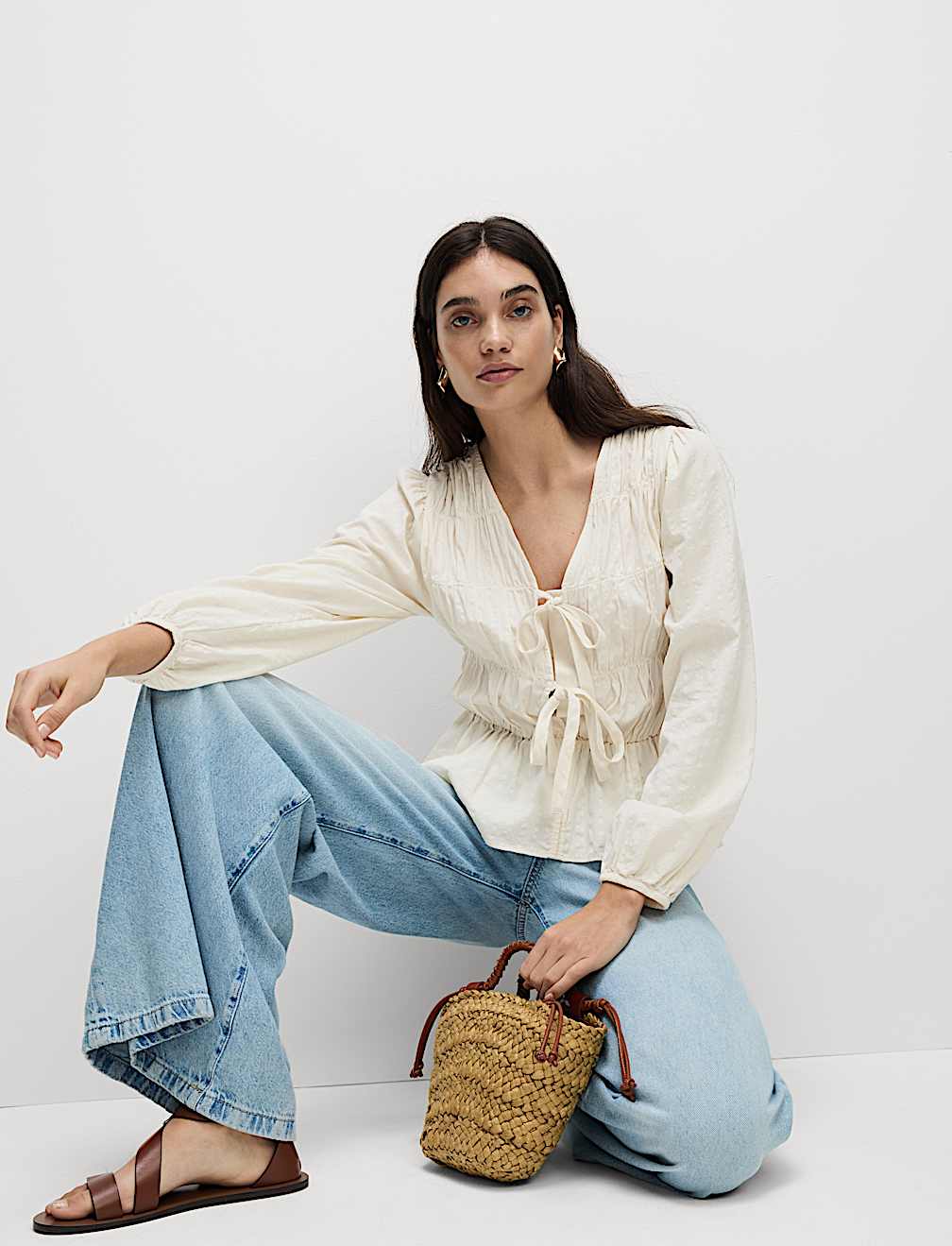 Cotton Rich Tie Front Blouse