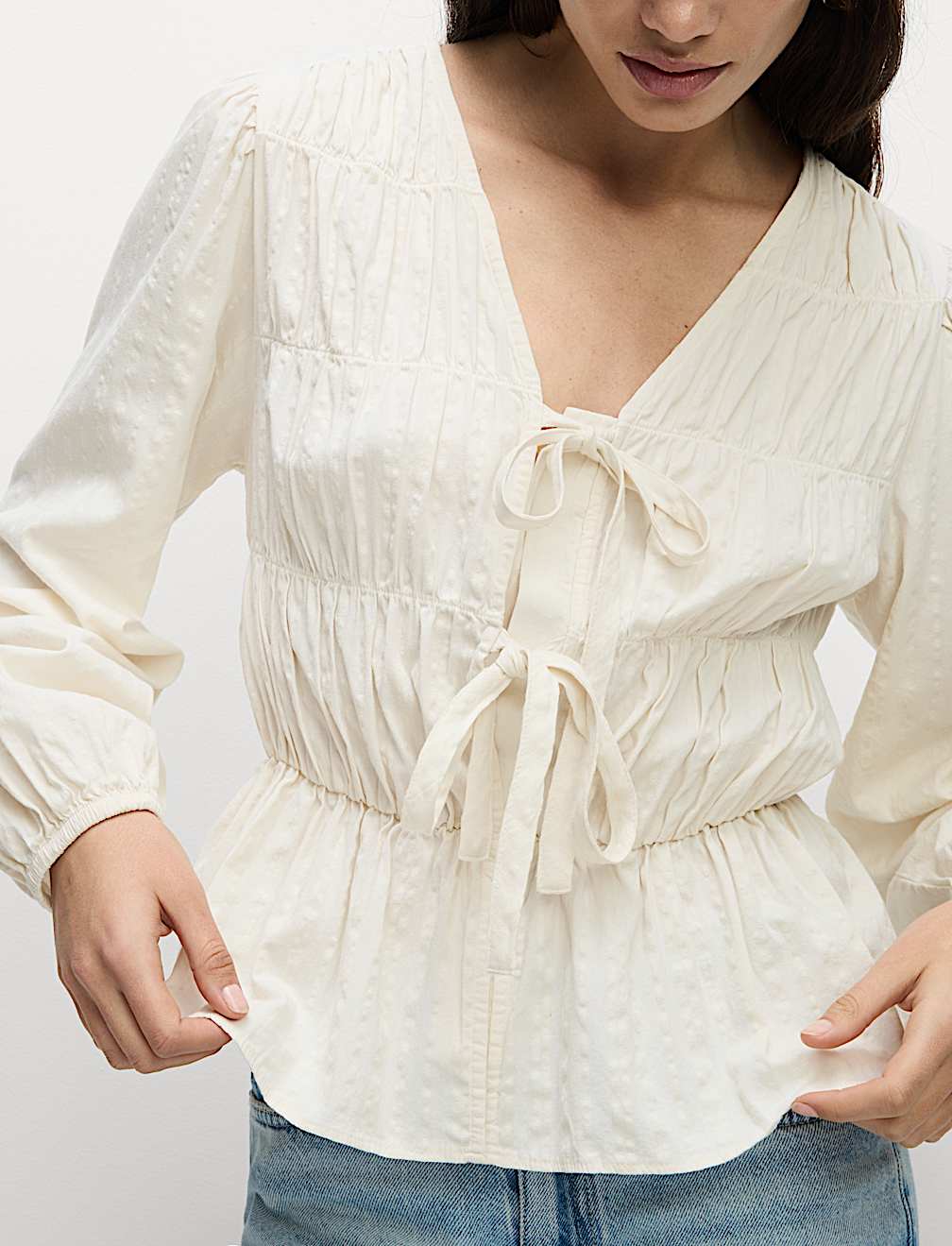 Cotton Rich Tie Front Blouse