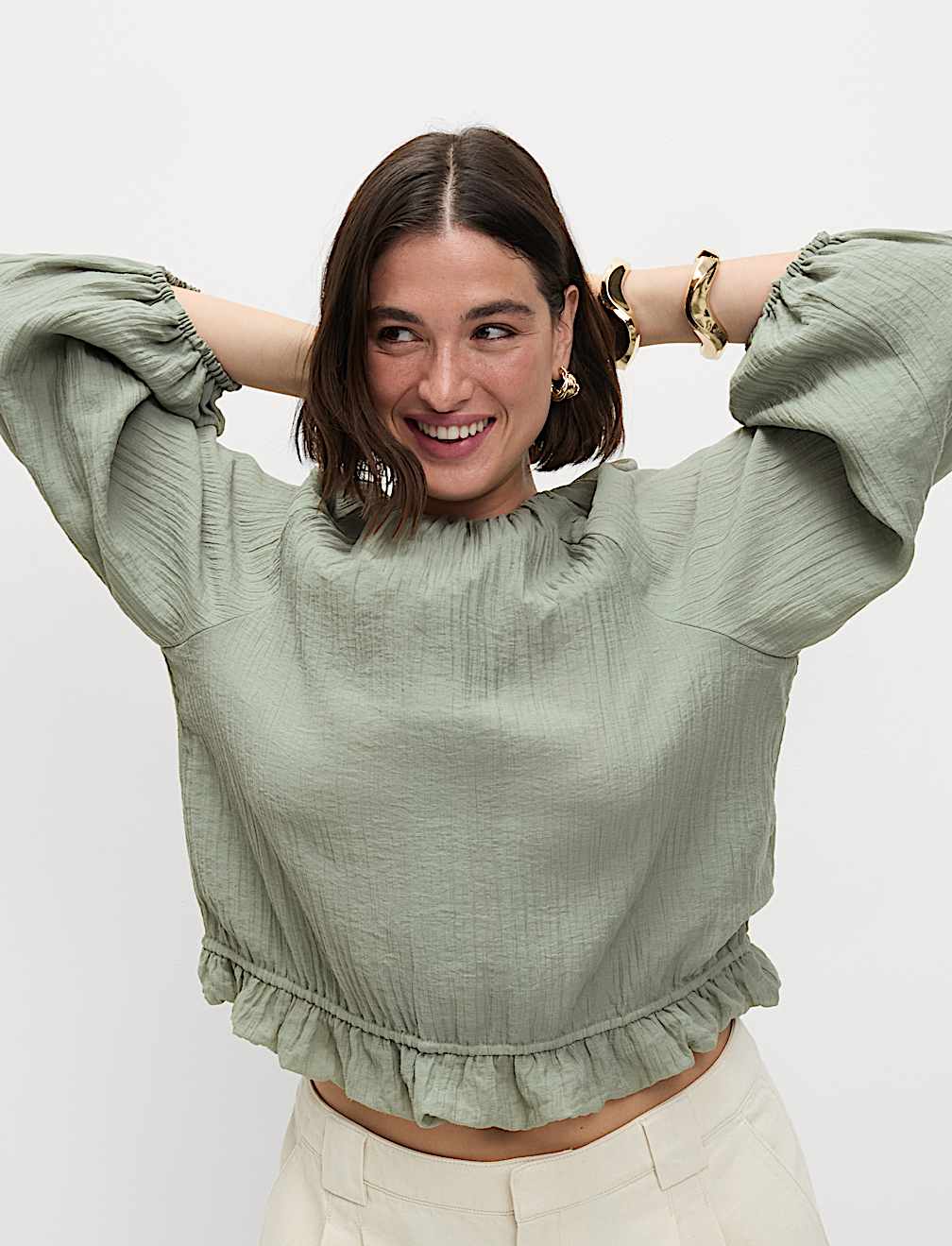 Lyocell Rich Textured Bubble Hem Blouse