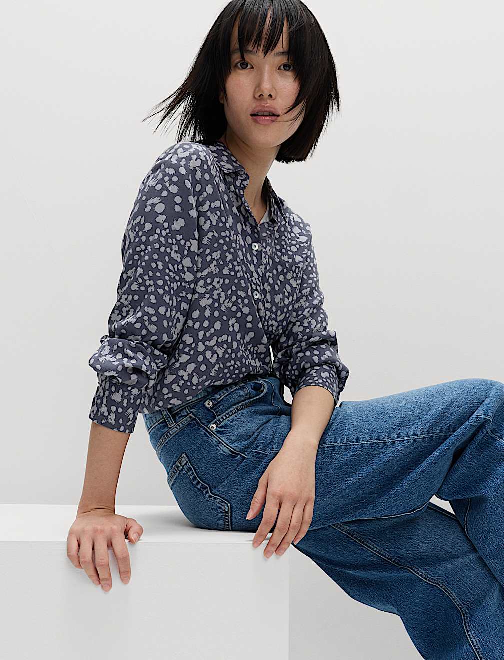 Printed Collared Button Through Blouse