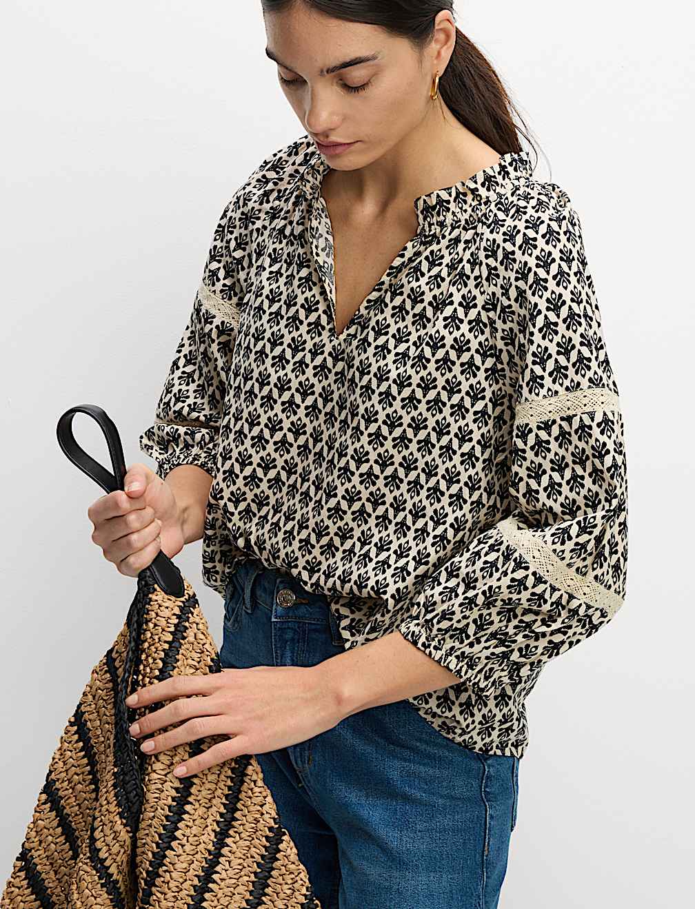 Pure Cotton Printed Notch Neck Puff Sleeve Blouse
