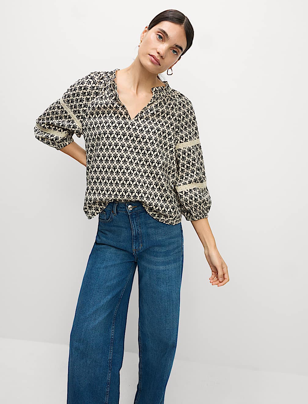 Pure Cotton Printed Notch Neck Puff Sleeve Blouse
