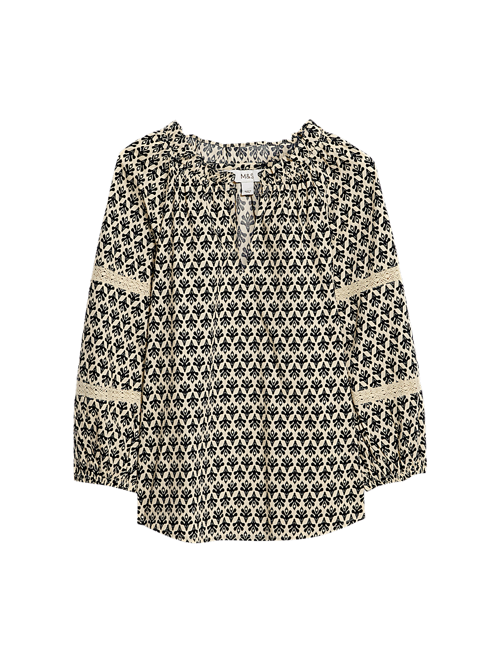 Pure Cotton Printed Notch Neck Puff Sleeve Blouse