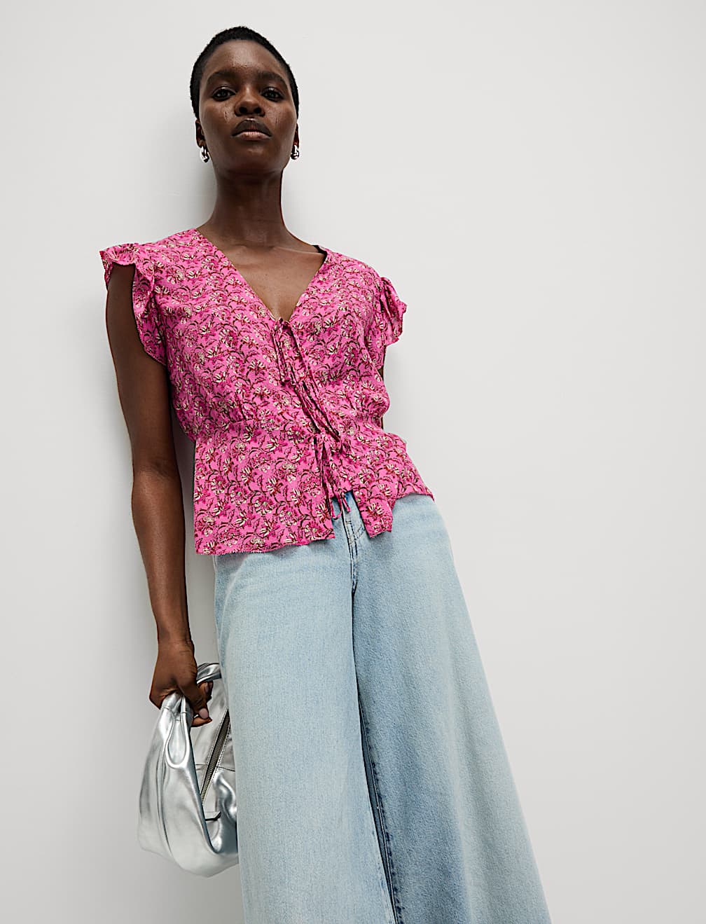 Pure Modal Floral Tie Front Blouse