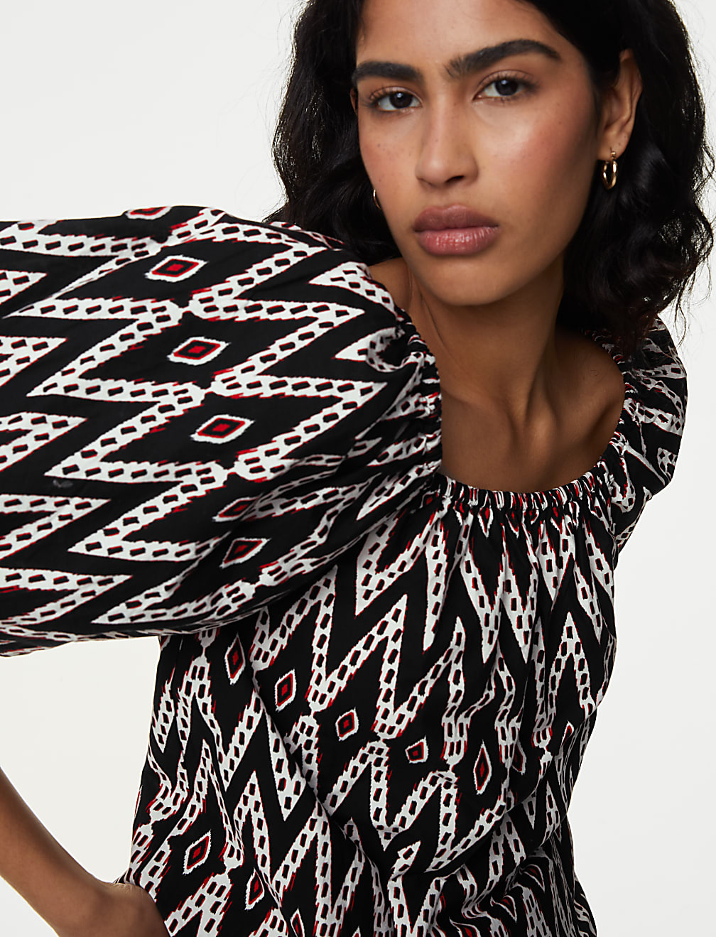Pure Cotton Geometric Puff Sleeve Blouse