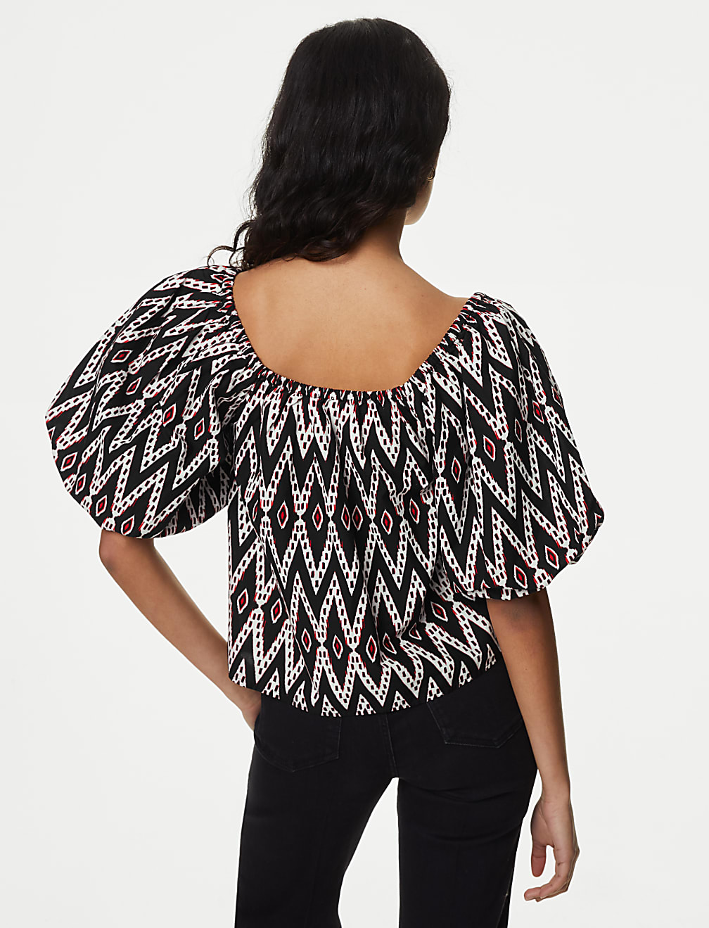 Pure Cotton Geometric Puff Sleeve Blouse