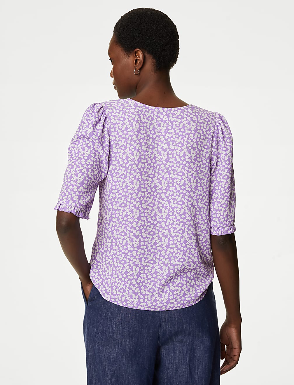 Printed V-Neck Puff Sleeve Blouse