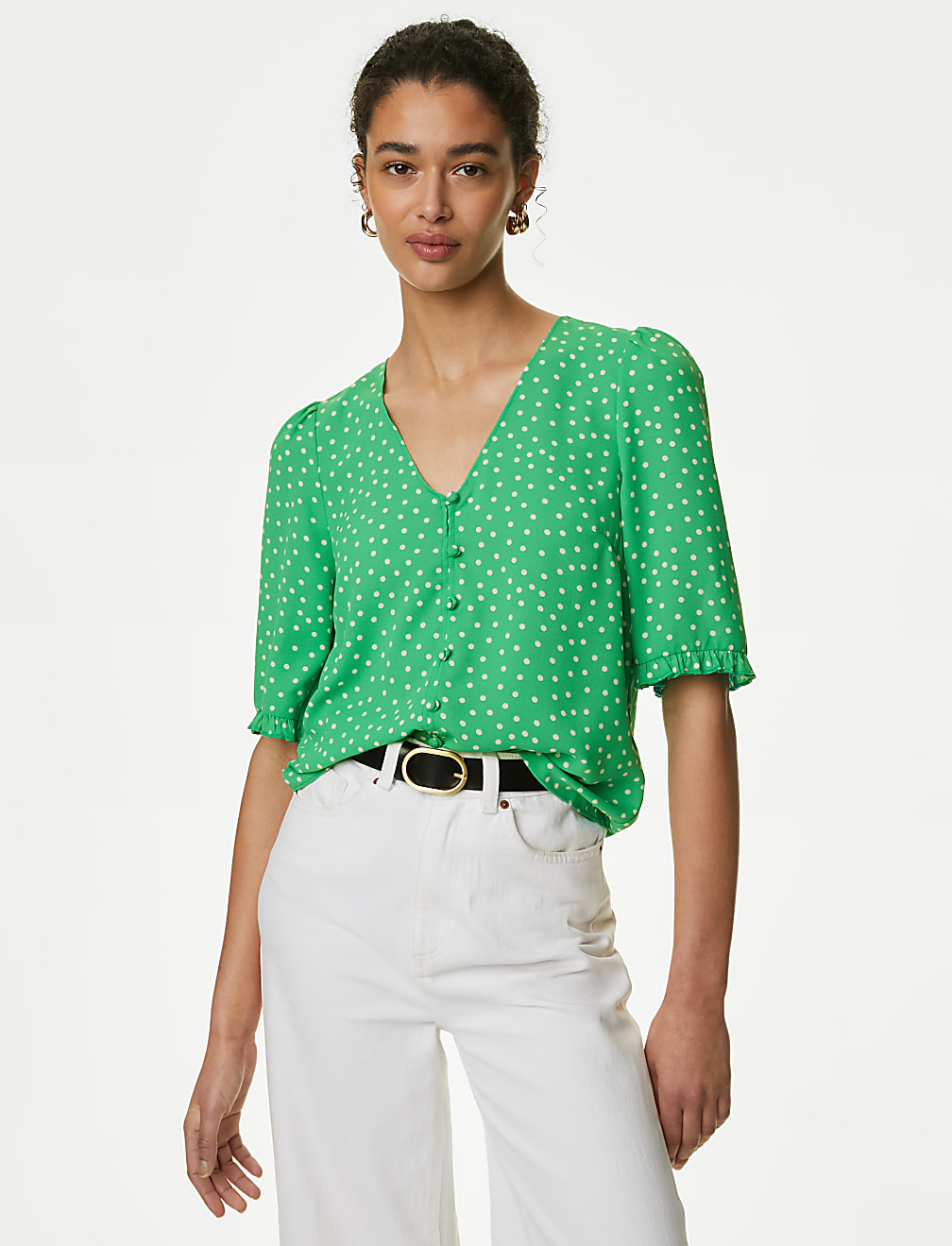 Printed V-Neck Puff Sleeve Blouse