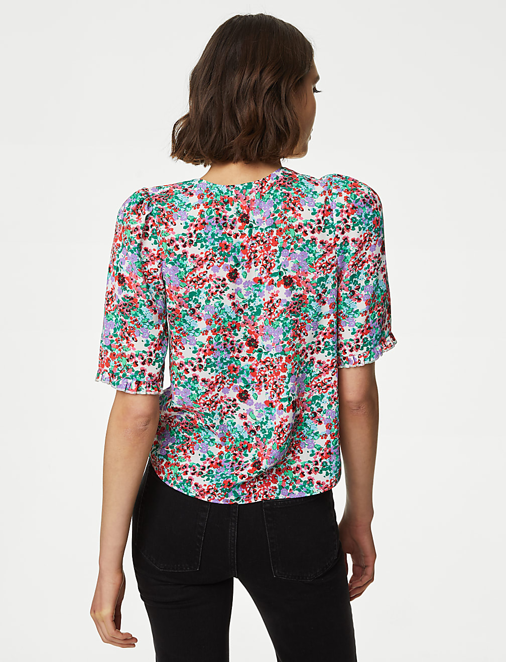 Printed V-Neck Puff Sleeve Blouse
