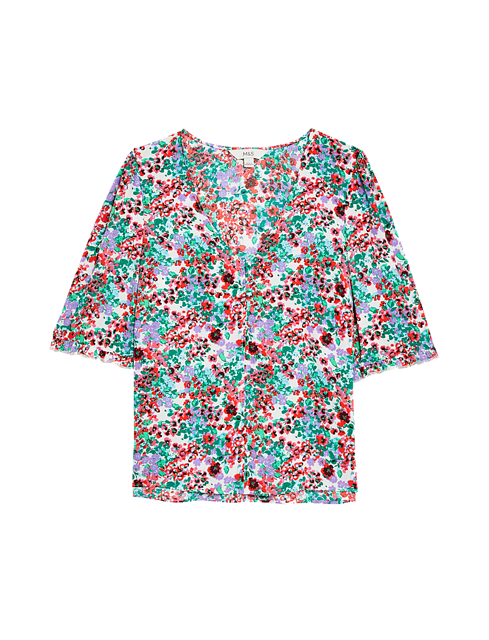 Printed V-Neck Puff Sleeve Blouse