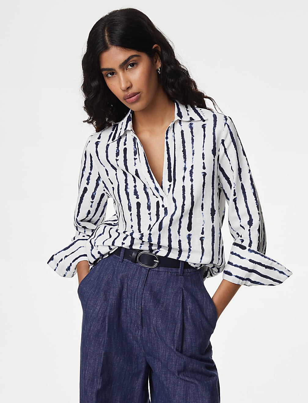 Linen Rich Printed Popover Blouse