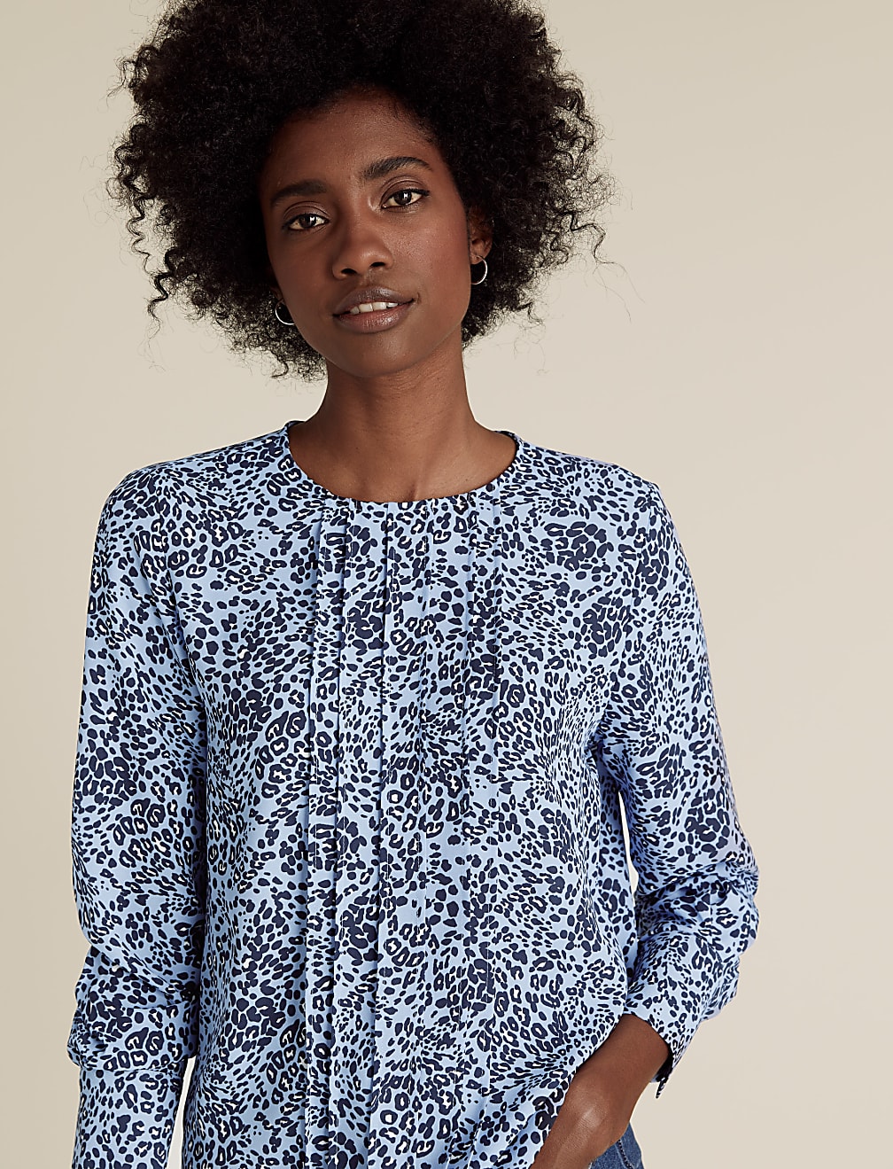 Animal Print Pintuck Long Sleeve Blouse