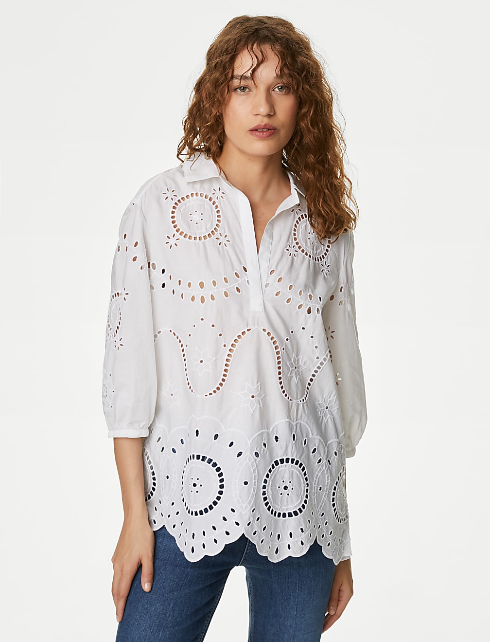 Pure Cotton Broderie Popover Blouse