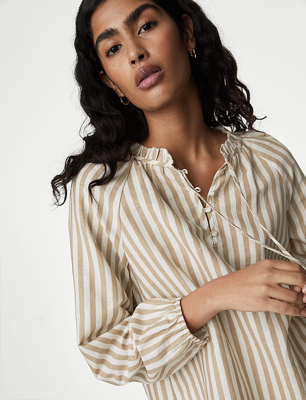 Linen Rich Striped Tie Neck Blouse