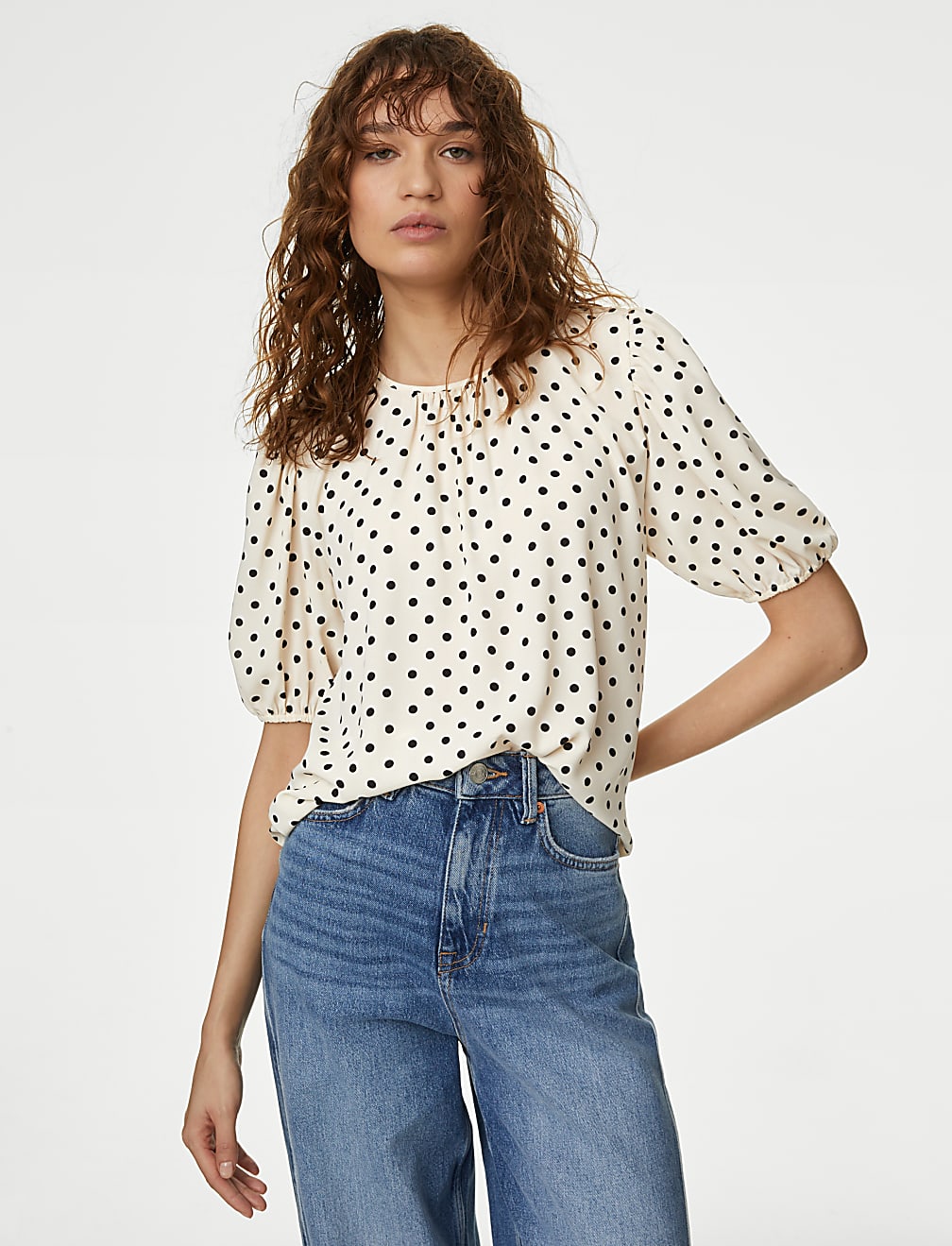 Printed Round Neck Puff Sleeve Blouse