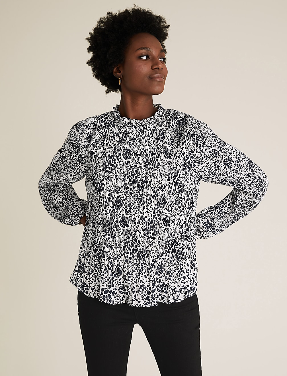 Animal Print Plisse Long Sleeve Blouse