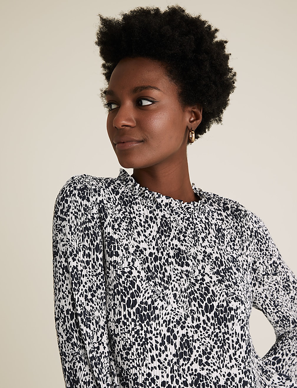 Animal Print Plisse Long Sleeve Blouse