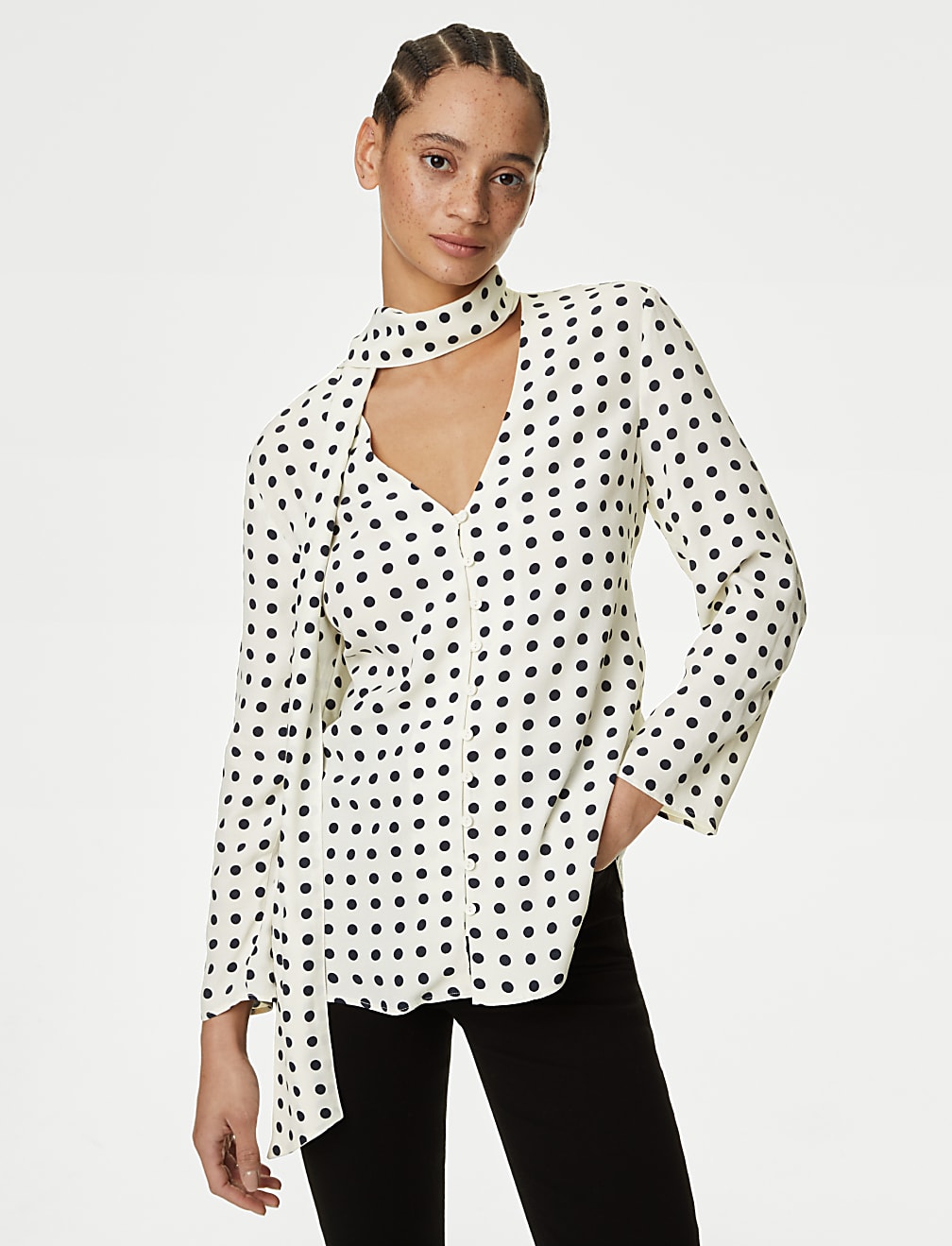 Polka Dot Scarf Neck Blouse