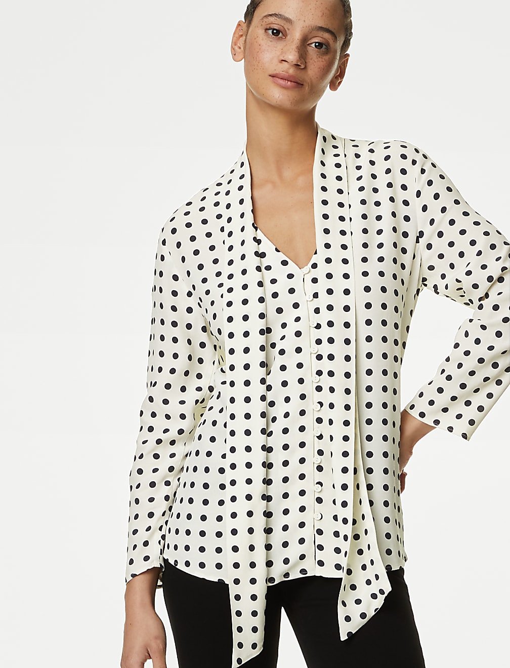 Polka Dot Scarf Neck Blouse