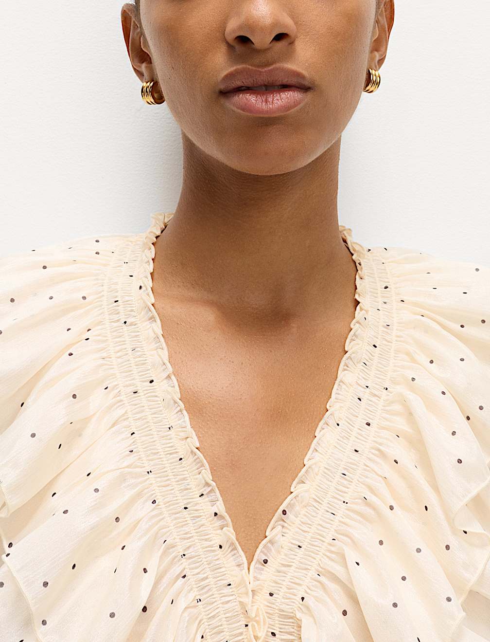 Polka Dot V-Neck Frill Detail Top