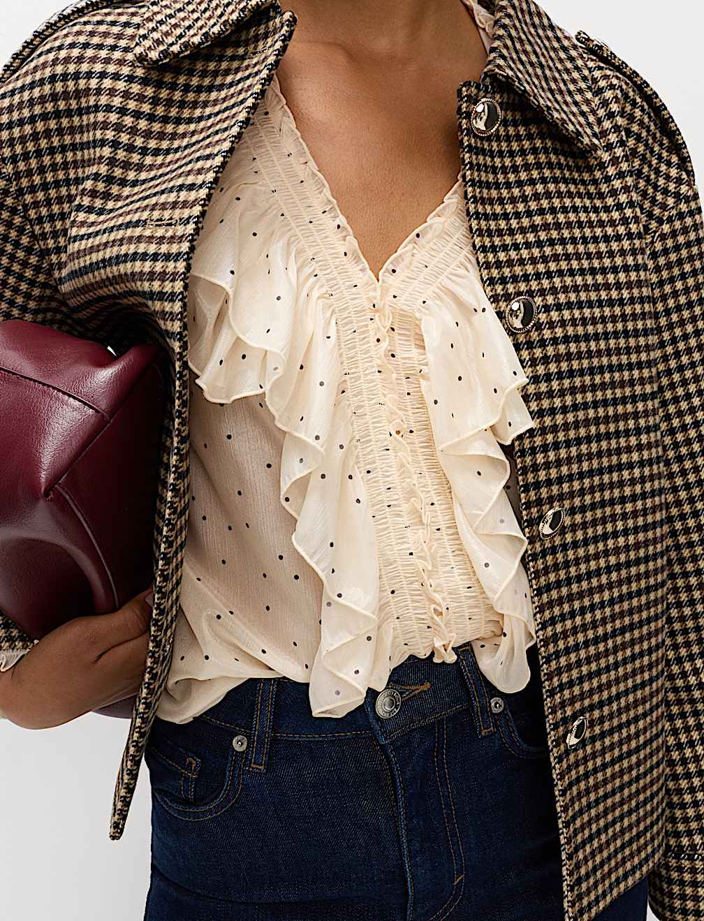 Polka Dot V-Neck Frill Detail Top