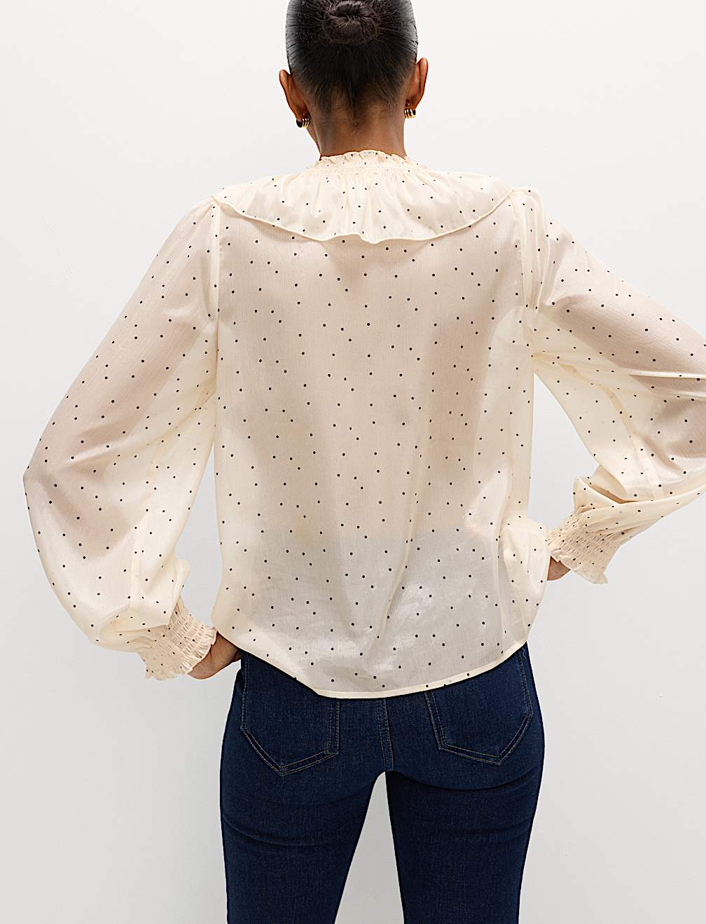 Polka Dot V-Neck Frill Detail Top