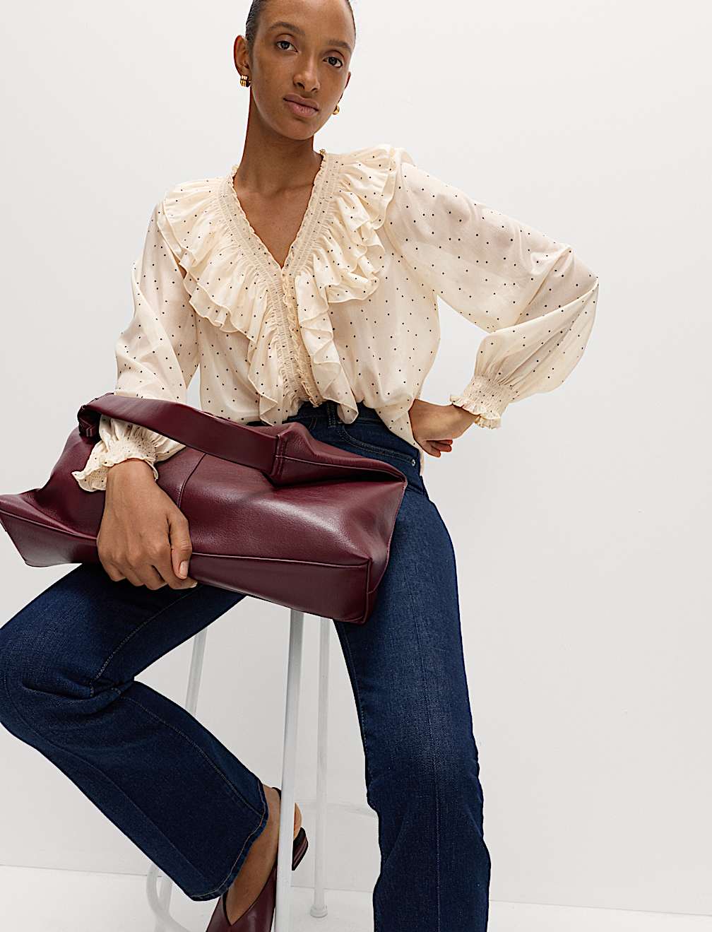 Polka Dot V-Neck Frill Detail Top