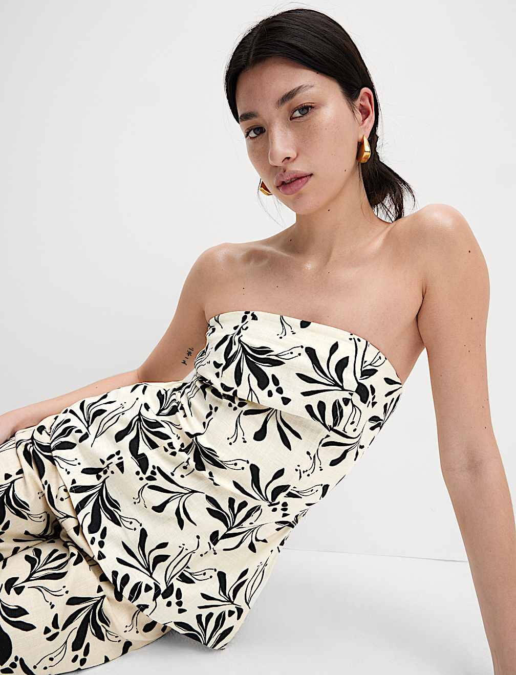 Linen Blend Printed Bandeau Top