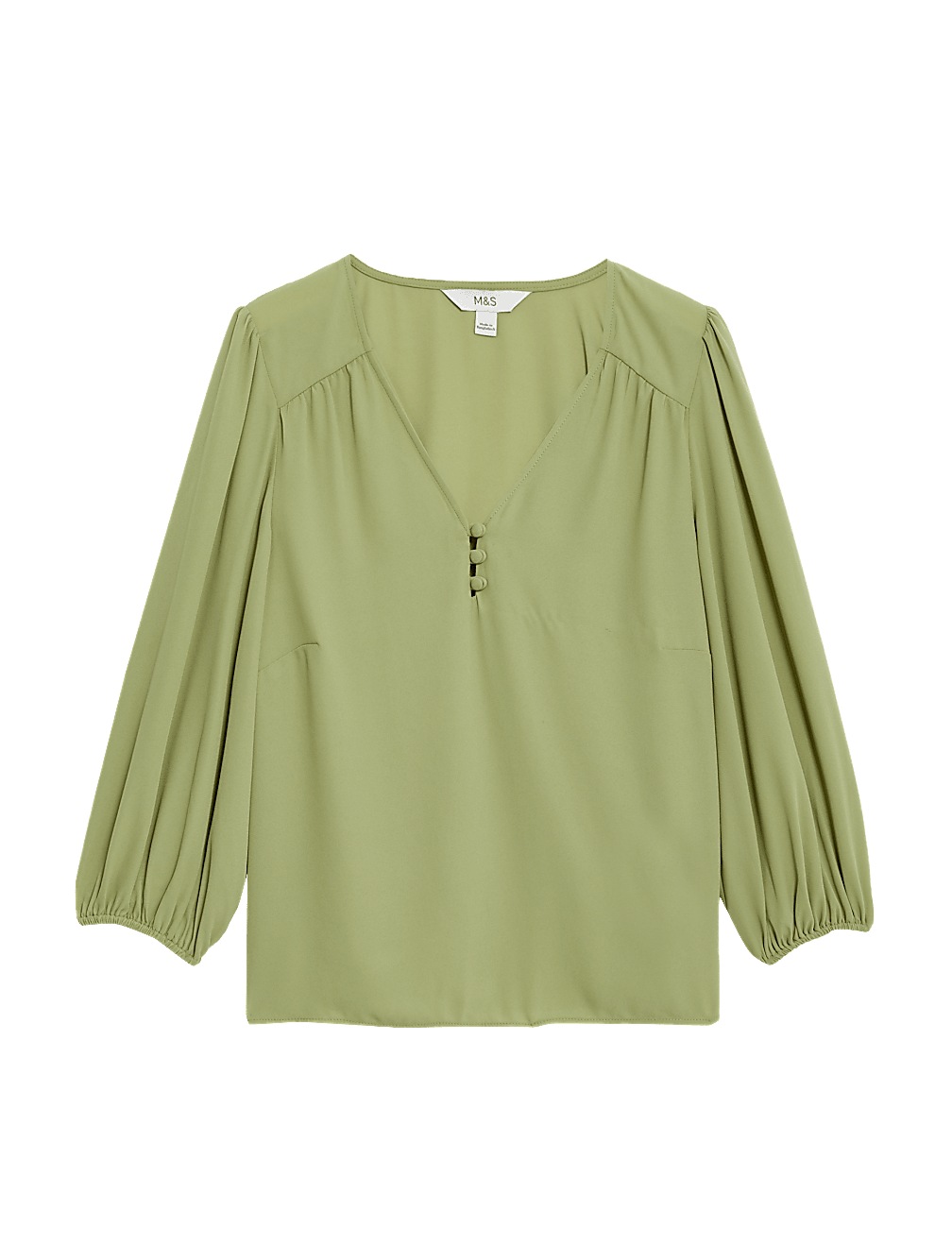V-Neck Button Detail Blouson Sleeve Blouse