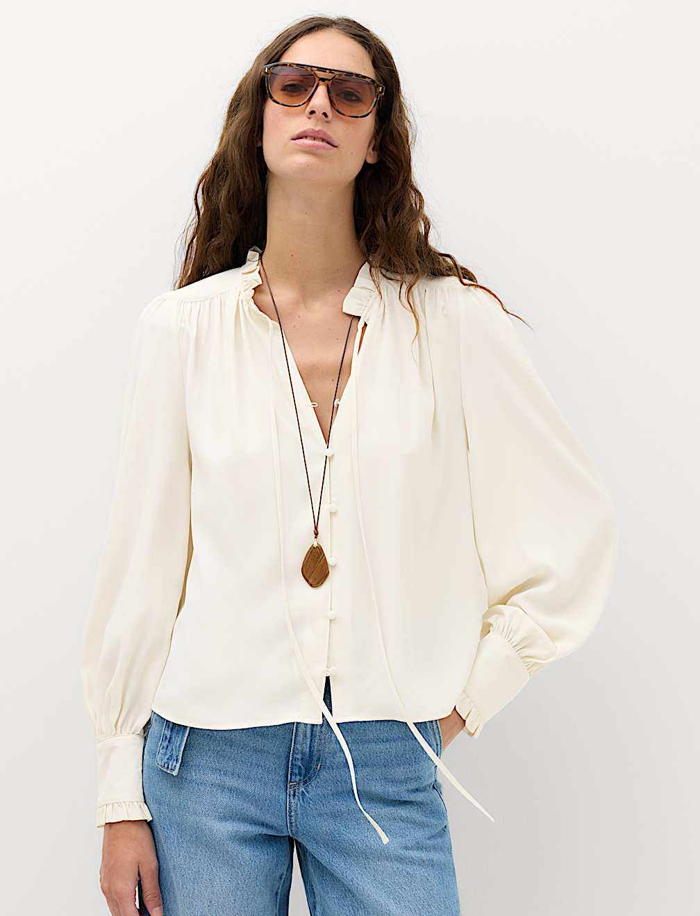 Tie Neck Blouson Sleeve Blouse