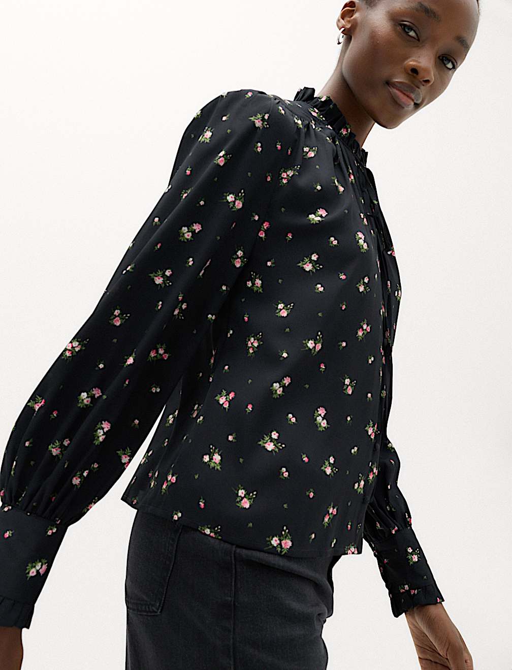 Floral Tie Neck Button Through Blouse