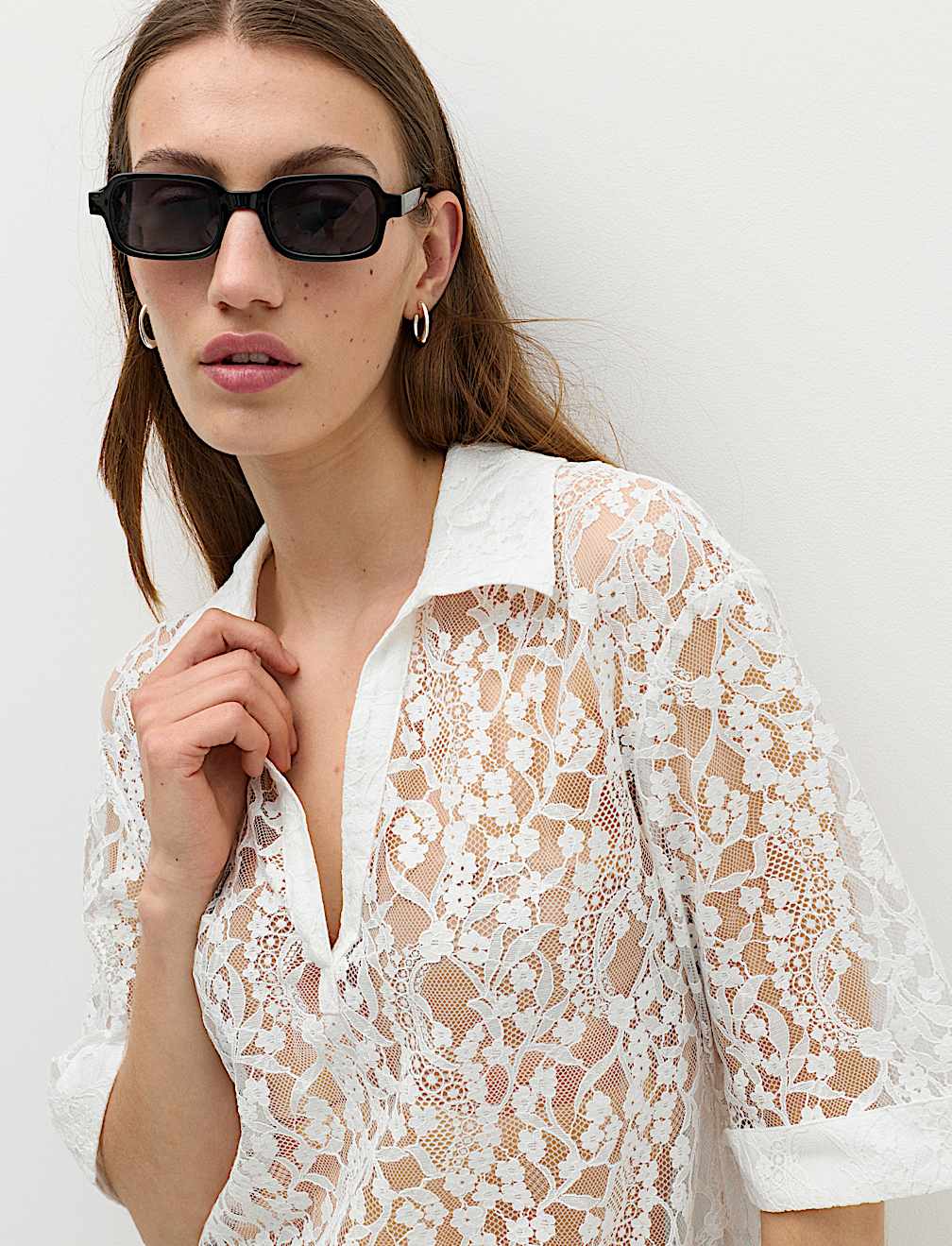 Cotton Blend Lace Collared Top