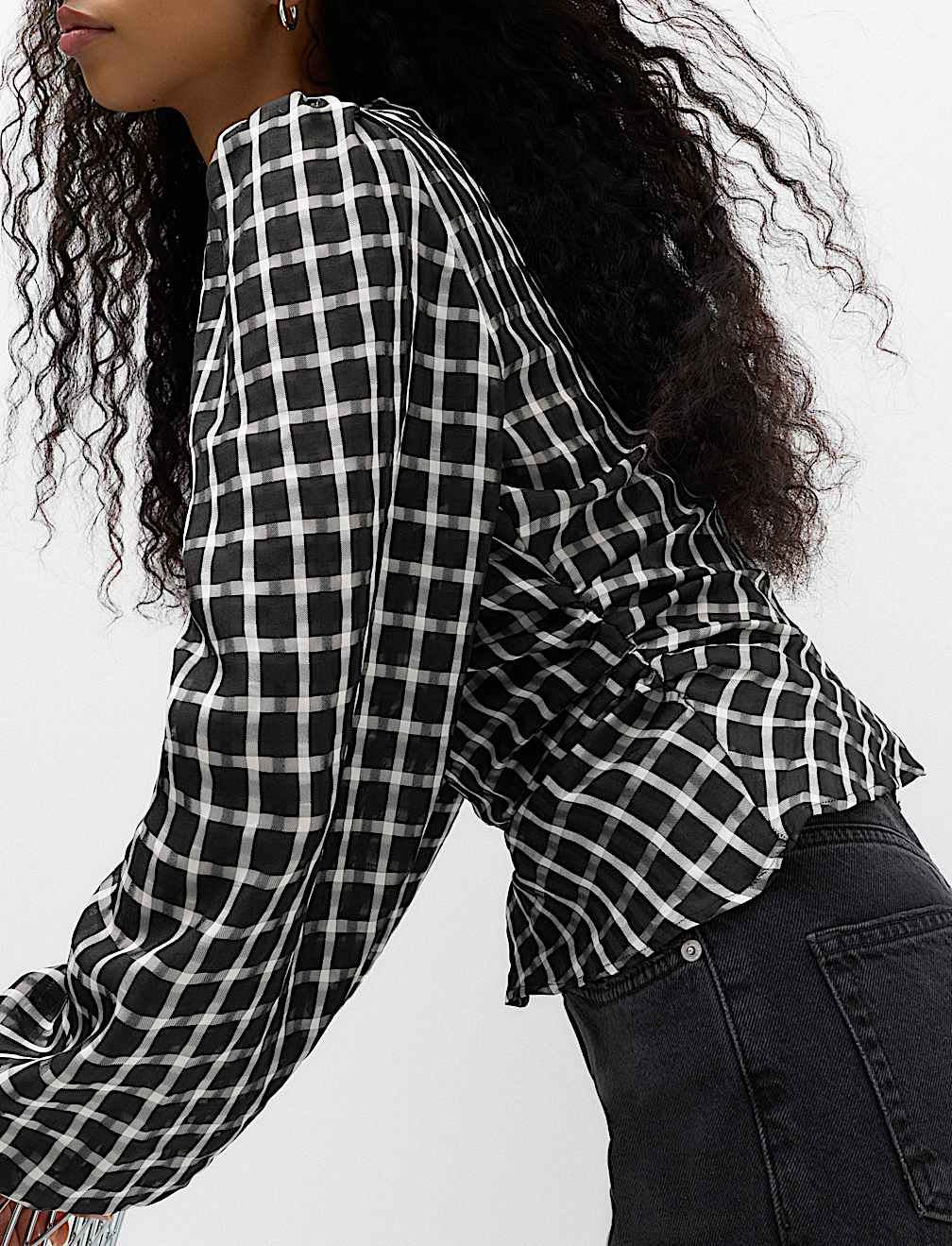 Checked Gathered Waisted Blouson Sleeve Blouse