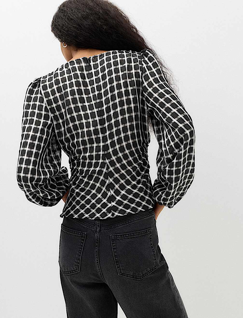 Checked Gathered Waisted Blouson Sleeve Blouse