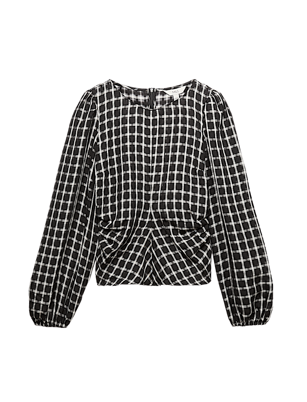 Checked Gathered Waisted Blouson Sleeve Blouse