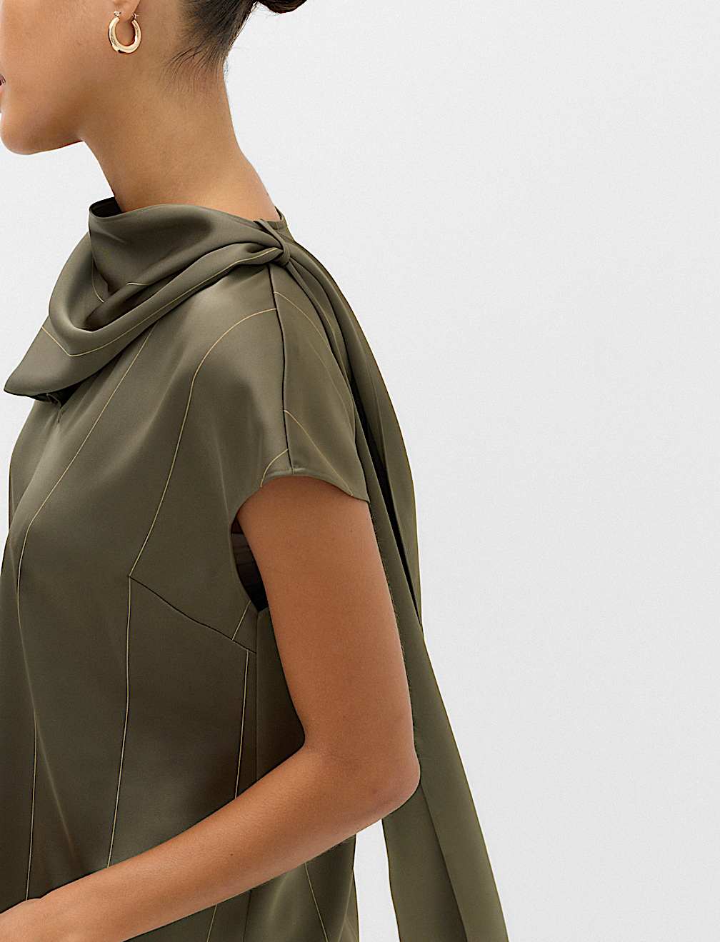 Satin Striped Cowl Neck Scarf Detail Top
