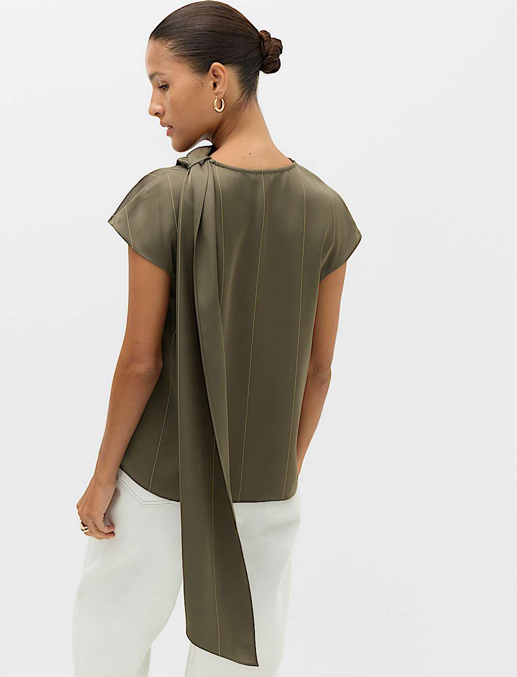 Satin Striped Cowl Neck Scarf Detail Top