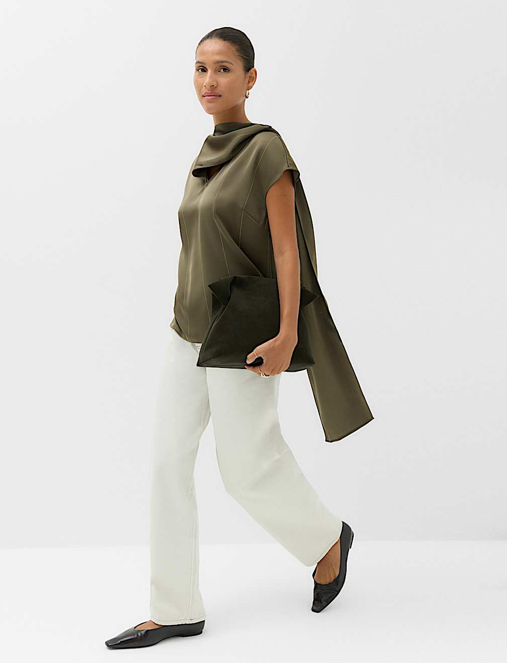 Satin Striped Cowl Neck Scarf Detail Top