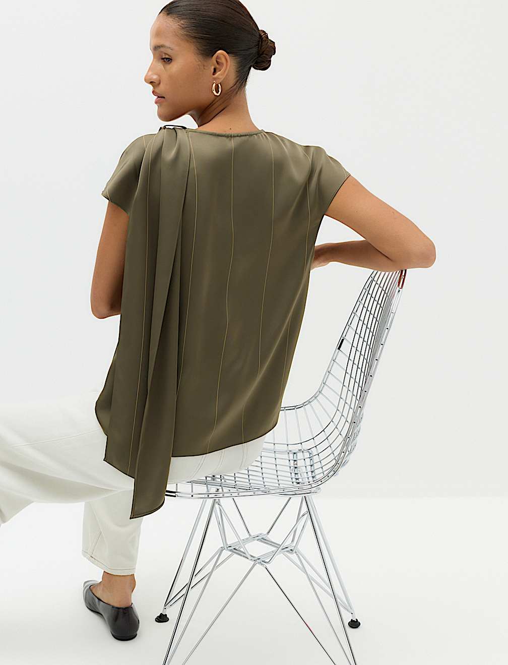 Satin Striped Cowl Neck Scarf Detail Top