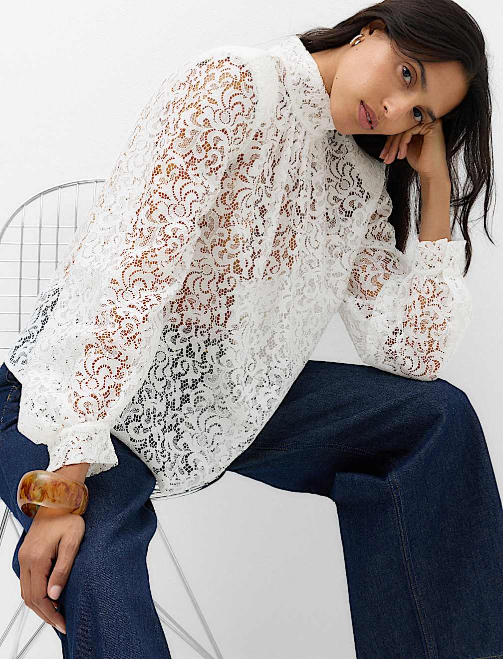 Lace High Neck Blouse with Cotton