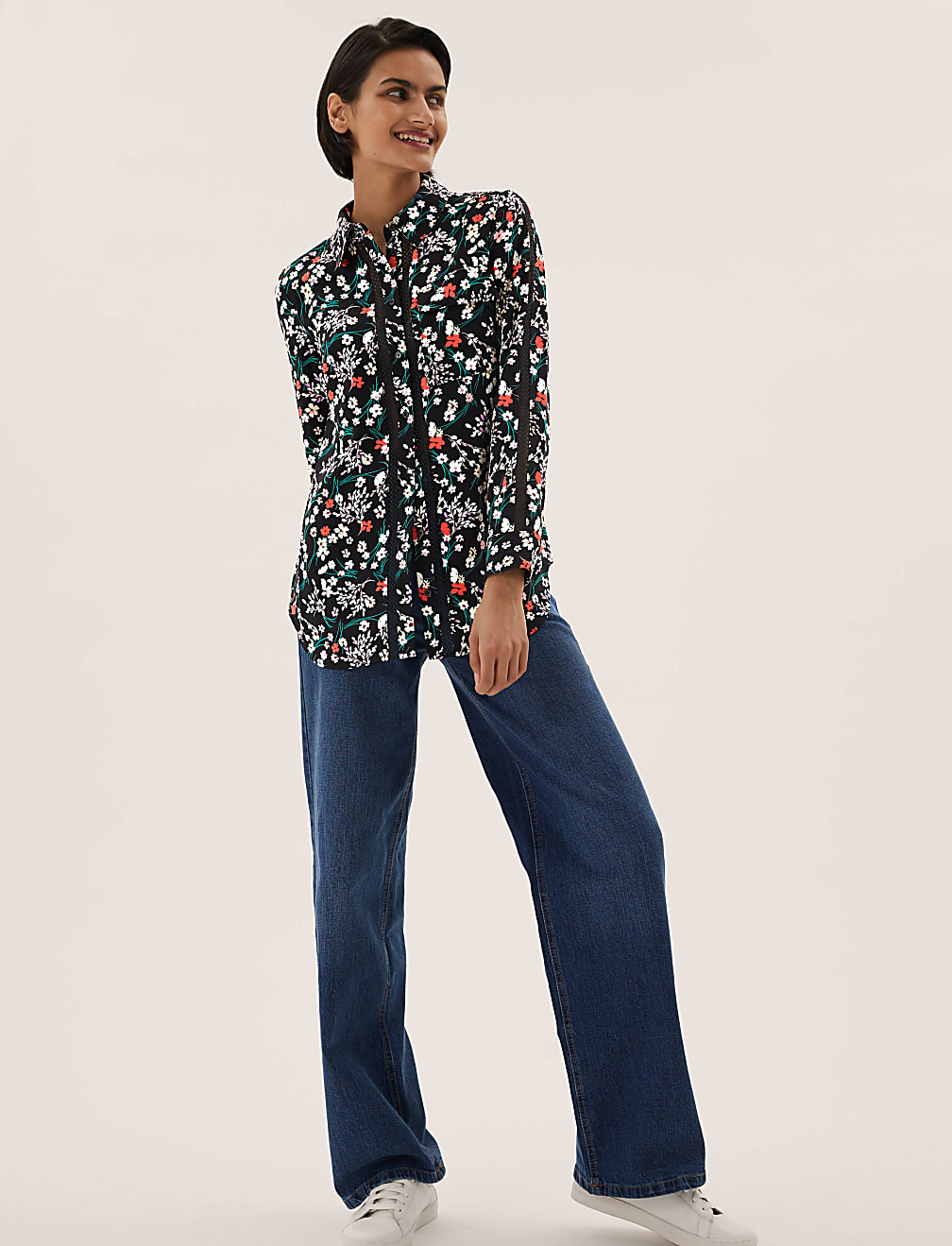 Printed Collared Lace Insert Shirt