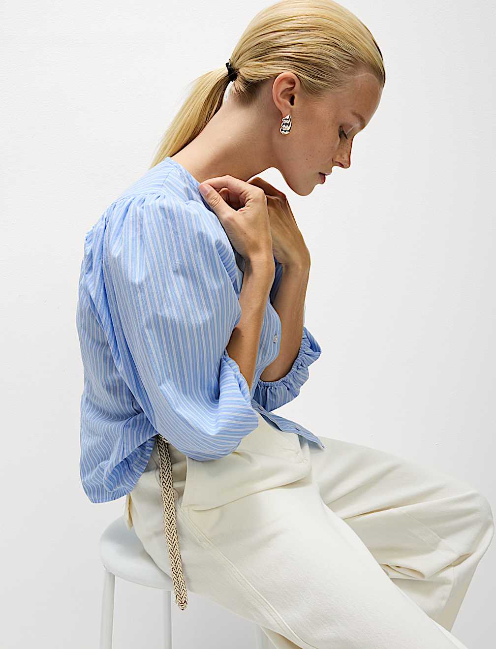 Pure Cotton Puff Sleeve Button Through Blouse