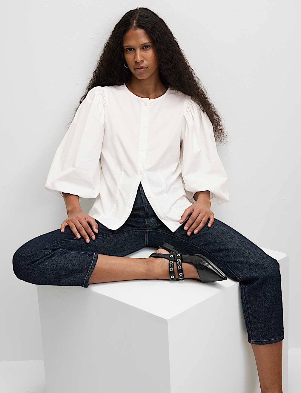 Pure Cotton Puff Sleeve Button Through Blouse