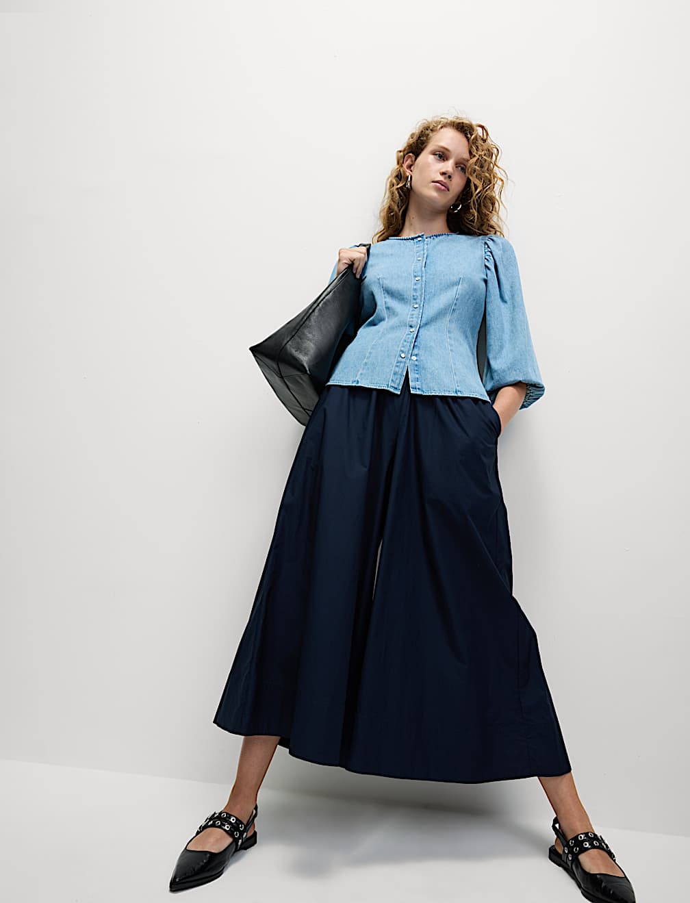 Denim Button Through Puff Sleeve Blouse