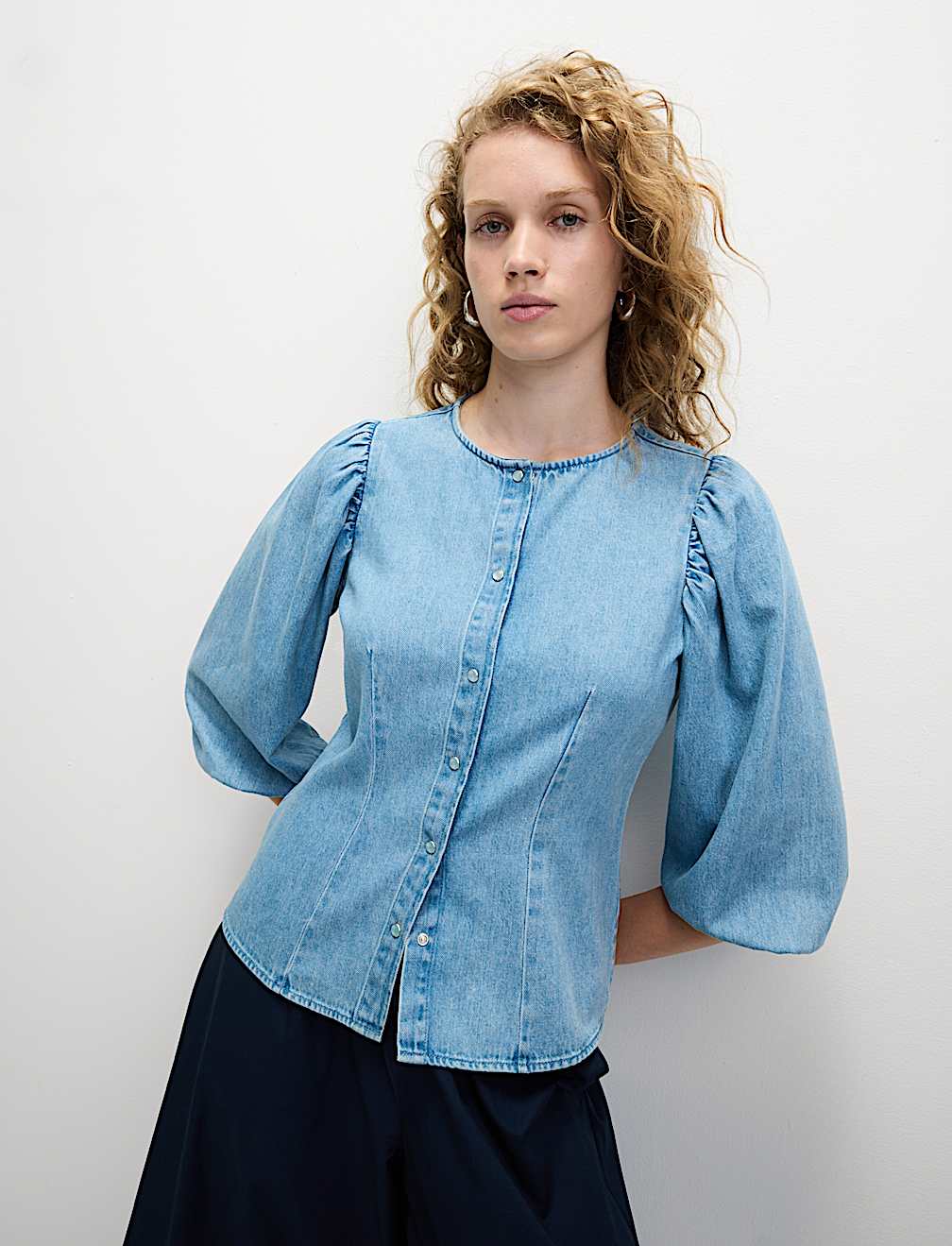 Denim Button Through Puff Sleeve Blouse