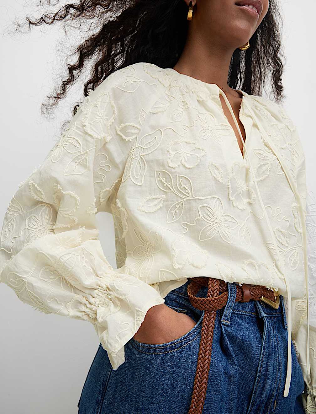 Pure Cotton Appliqu&eacute; Tie Neck Blouse